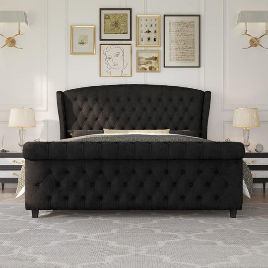 King Size Platform Bed Frame Chenille Upholstered Sleigh Bed with Scroll Wingback Headboard & Footboard/Button Tufted/No Box Spring Required/Cream