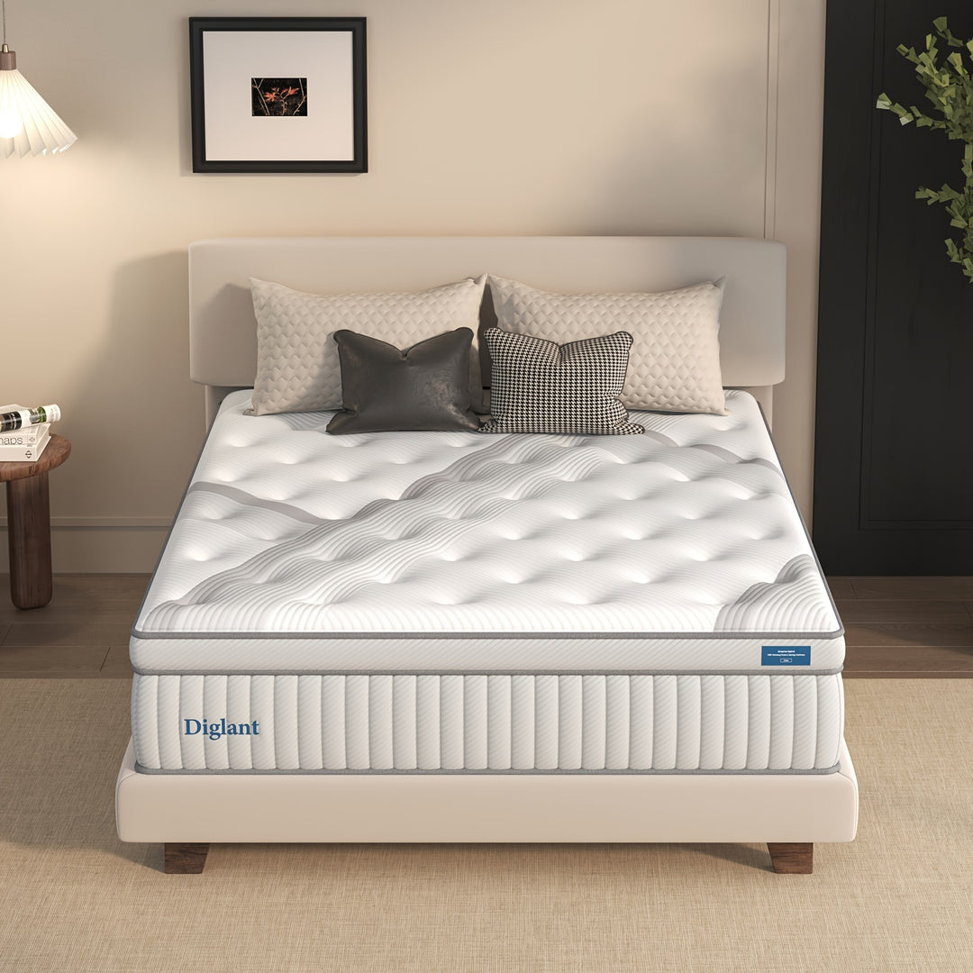 DIGLANT 14 Inch Medium Plush Hybrid Mattress, Supportive Memory Foam Mattresses with Individually Pocketed Coils Innerspring, Motion Isolation & Back Pain Relief, Mattress in Box