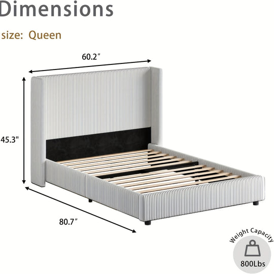 Upholstered Bed Frame, Corduroy Platform Bed With Vertical Channel Tufted Headboard, Soft Low Profile Bed, No Box Spring Needed, Easy Assembly