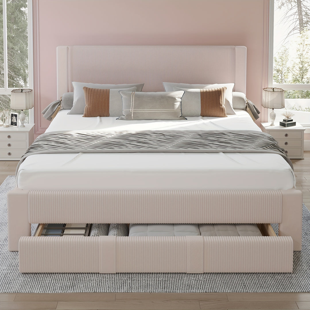 Queen Size Velvet Upholstered Bed Frame with Storage, Wood Platform Bed, 12 Slats, Wheels, Pink, Grey