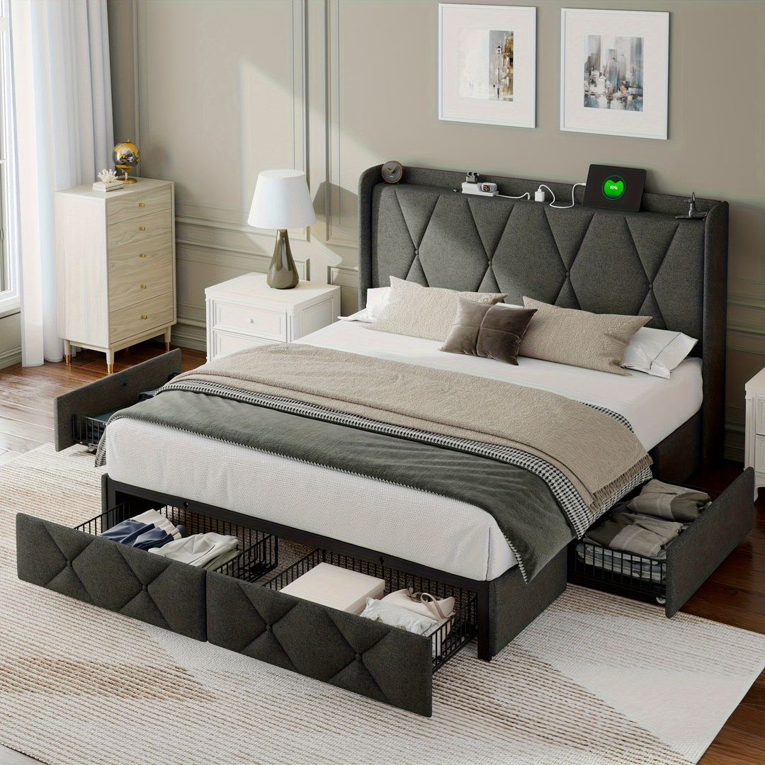 Full Size Bed Frame with 4 Drawers, Storage Headboard with Fast Charging Station, Upholstered Button Tufted Platform Beds, Wood Slats, Noise-Free, No Box Spring Needed, Dark Grey