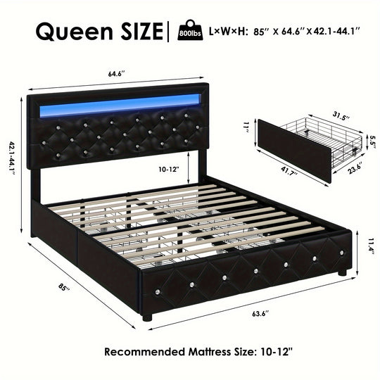 Full/Queen/King Size Upholstered Bed Frame With LED Lights Headboard And 4 Storage Drawers, Platform Bed With Crystal Button Tufted Headboard, No Box Spring Needed, Faux Leather/Velvet Fabric, White/Black/Velvet Beige