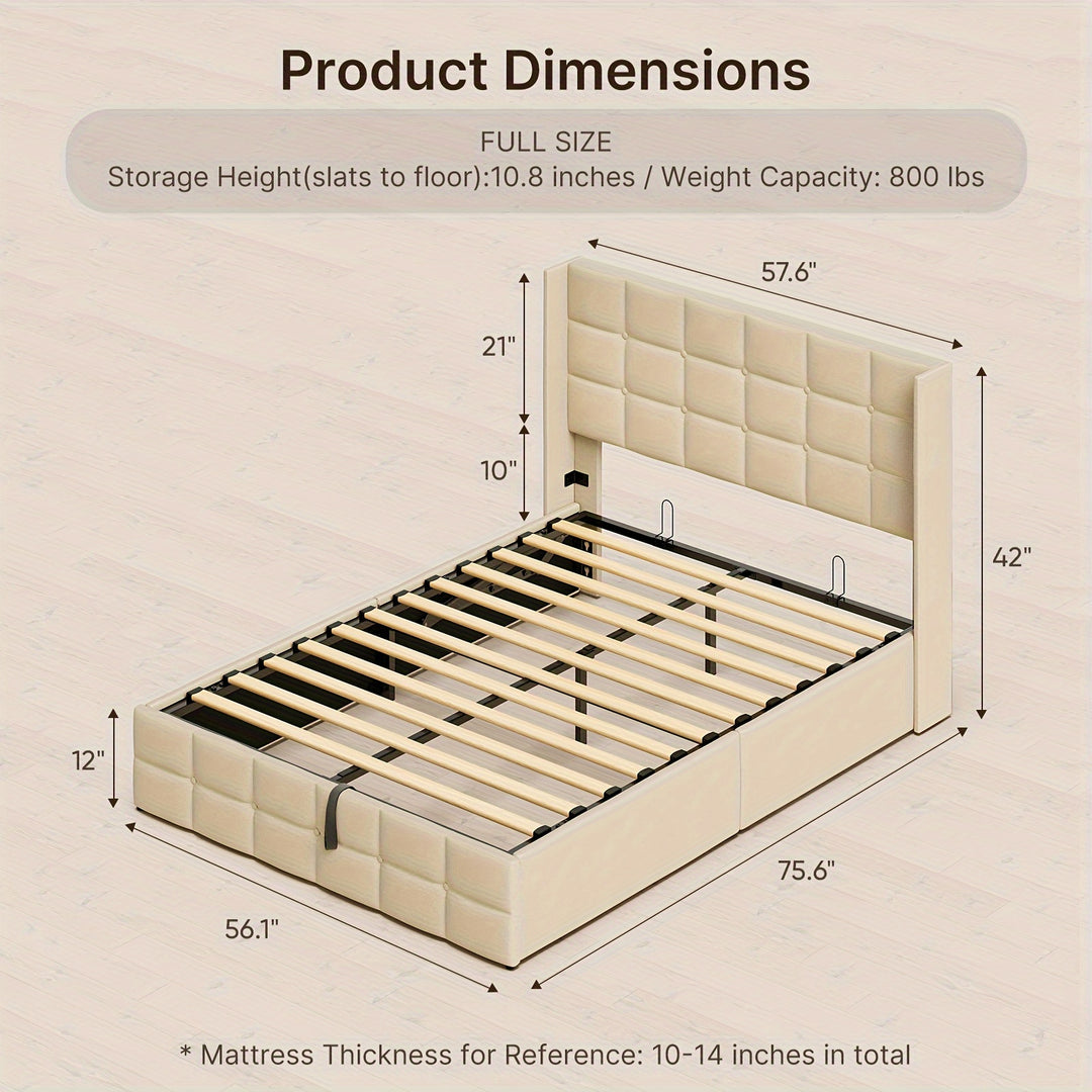 Elevate Your Bedroom With Our Full Lift-Up Storage Bed, Upholstered Platform Frame Featuring A Modern Wingback Headboard, Wooden Slats Support, And Convenient Hydraulic Storage, No Box Spring Required, Beige