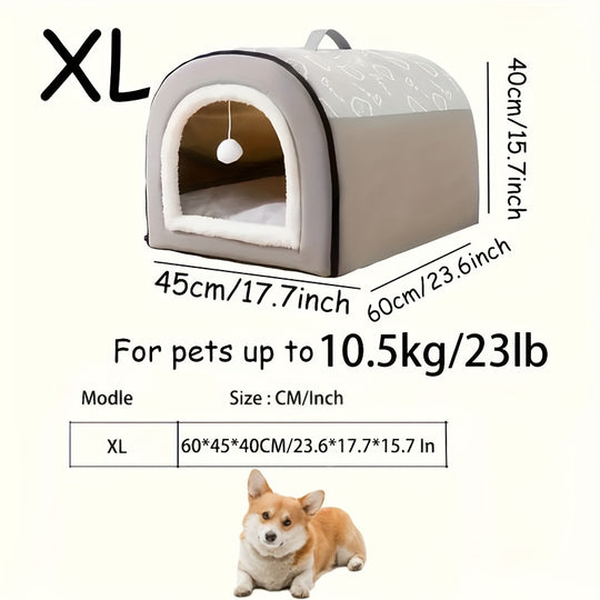 1pc 2-in-1 Polyester Removable Flannel Pet Bed with Hanging Ball, Detachable Rectangular Bedding for Small, Medium, Large Dogs, Indoor Cat Shelter with Handle