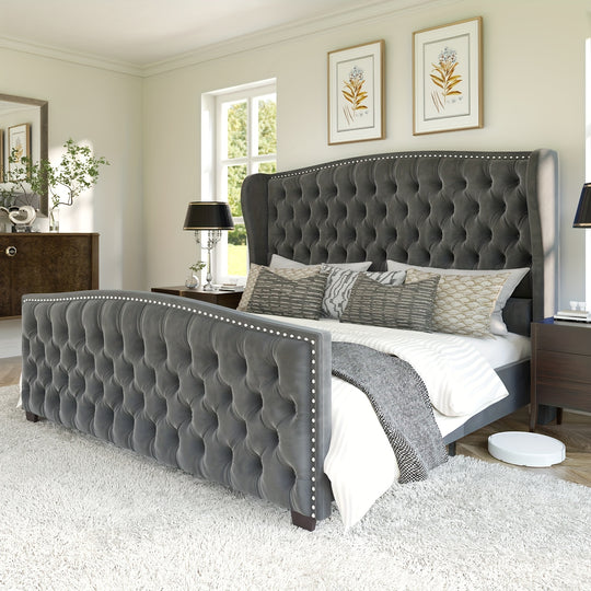 Platform Bed Frame, Velvet Upholstered Bed with Deep Button Tufted & Nailhead Trim Wingback Headboard/No Box Spring Required/