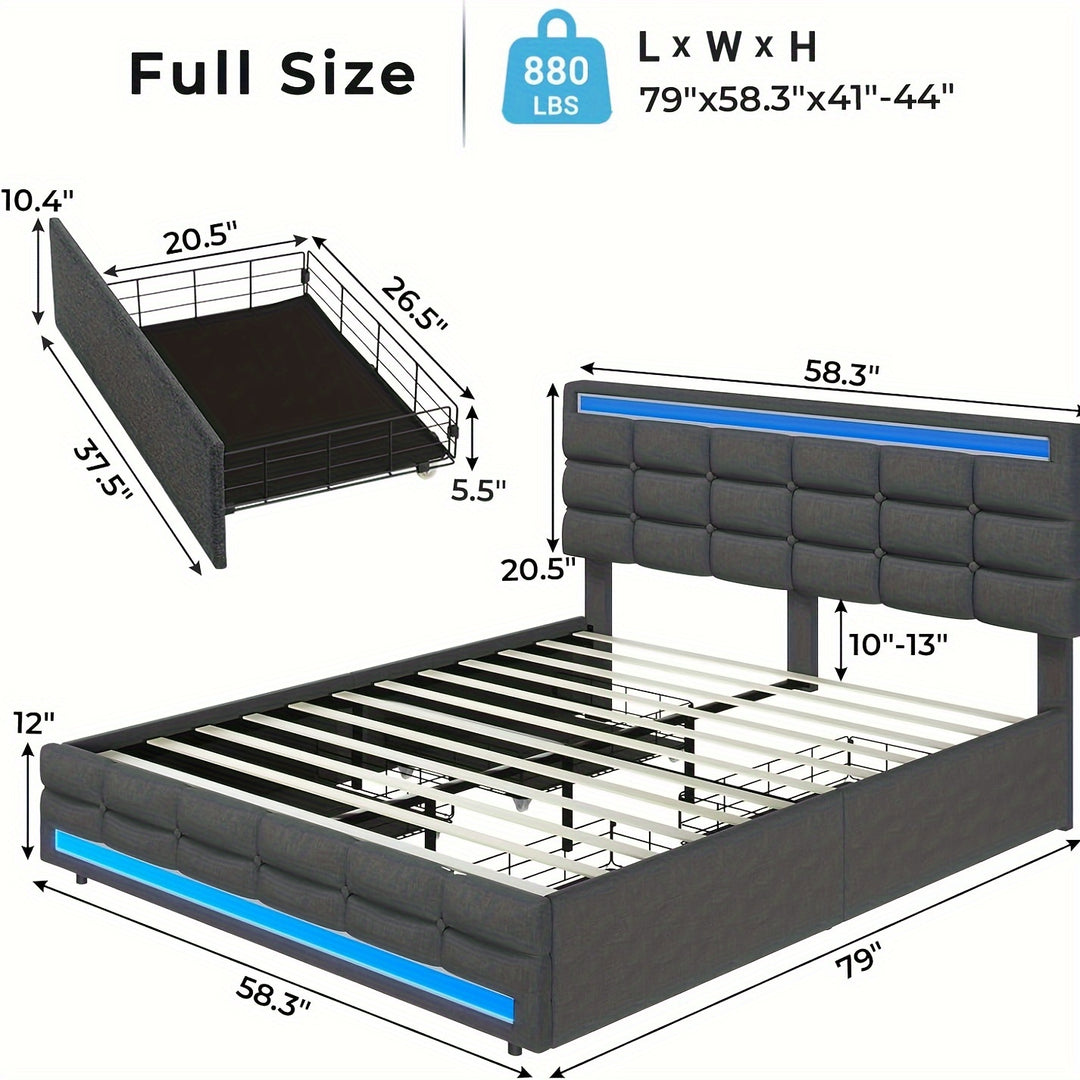 Queen/ Full Bed Frame With LED Lights, Queen Size Bed Frame With Adjustable Headboard, Bed Frame With Storage, No Box Spring Needed, Noise Free, Dark Grey