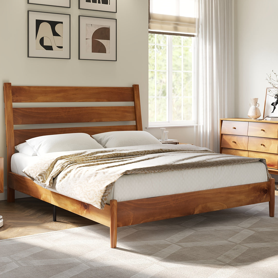 Solid Wood Bed Frame, Mid Century Platform Bed with Reclining Slatted Headboard, Wood Slat Support/No Box Spring Needed/Noise Free