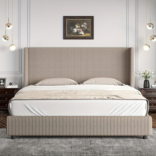 Upholstered Bed Frame, Corduroy Platform Bed With Vertical Channel Tufted Headboard, Soft Low Profile Bed, No Box Spring Needed, Easy Assembly