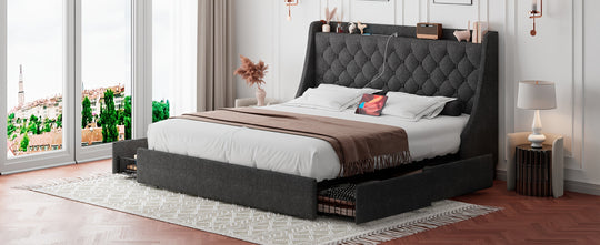 Upholstered Platform Beds With 4 Storage Drawers, Platform Bed With Charging Station & Deluxe Wingback Storage Headboard, Solid Wood Slats Support, No Box Spring Needed, Noise-Free