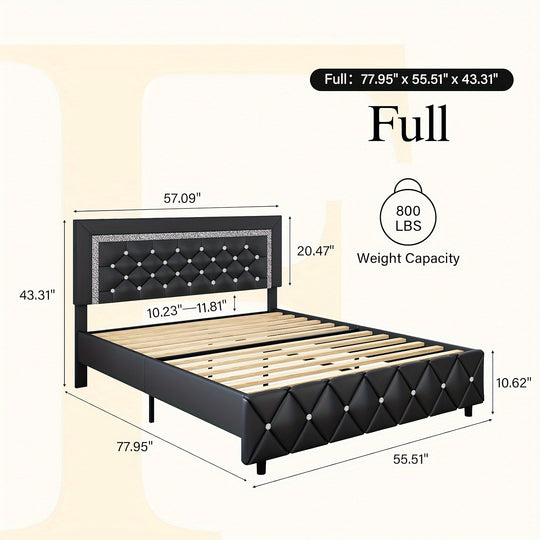 Upholstered Bed Frame  with Diamond Tufted Headboard, Faux Leather Headboard & Footboard, Wooden Slats Support, No Box Spring Needed, Easy Assembly, Black