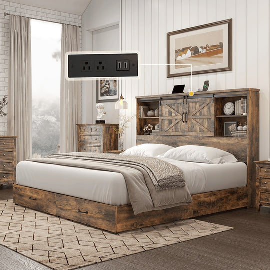 Farmhouse-Style Wooden Platform Bed Frame Boasting a 51.2" Bookcase Headboard, Integrated Storage with a Sliding Barn Door Charging Station and 2 Drawers - No Box Spring Required, Totally Noise-Free