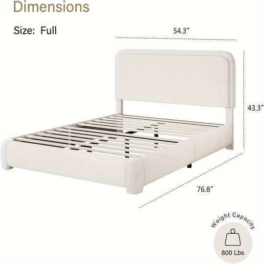 Upholstered Platform Bed Frame, Modern Style, Soft Rounded Corners, Noise Free, Easy Assembly, Off White Boucle