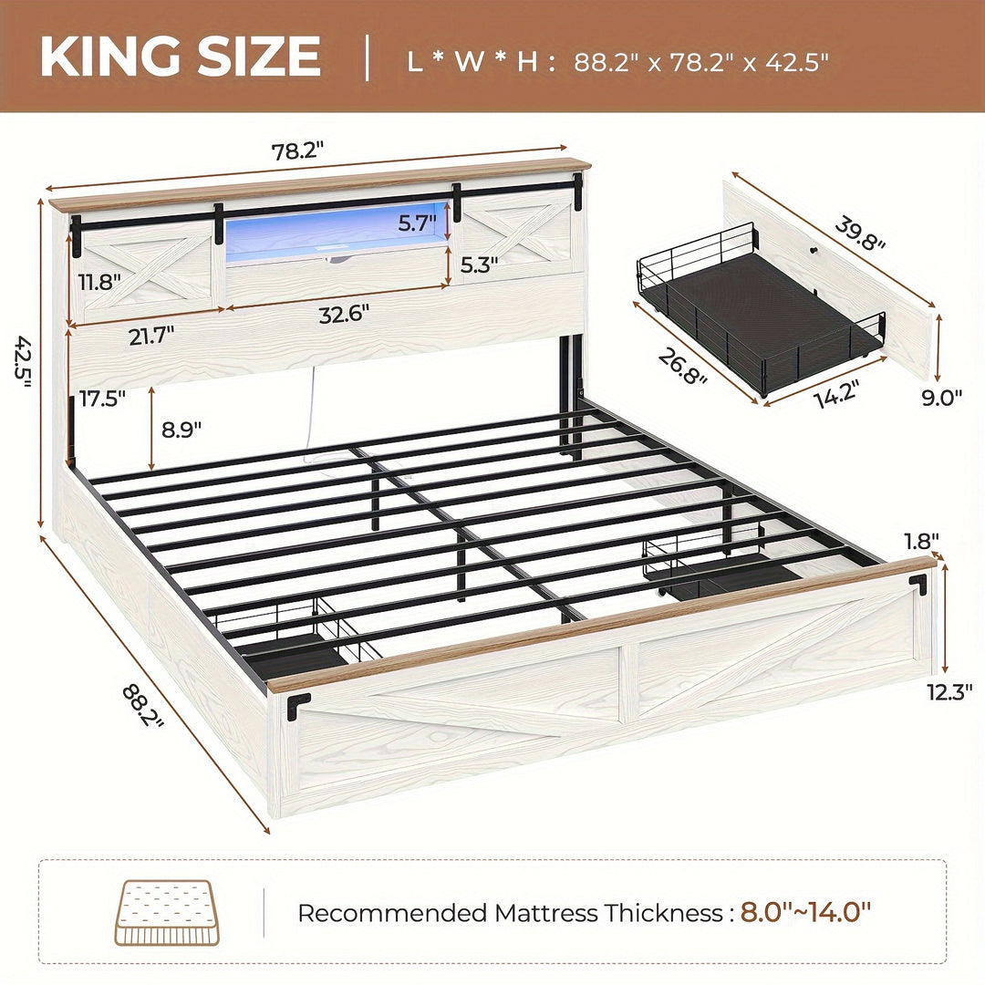 King Size LED Farmhouse Platform Bed Frame With Charging Station 2 Drawers And Storage Headboard, Sliding Barn Door, White