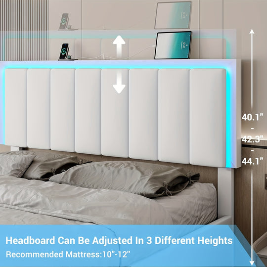 Full Bed Frame with LED Lights And Charging Station, Bedroom Storage Drawers, White