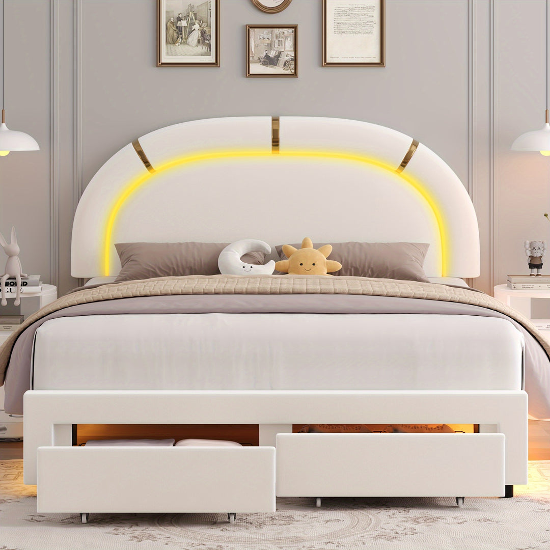 LED Bed Frame with 2 Storage Drawers, Modern Smart Faux Leather Upholstered Platform Bed Frame with Adjustable Semicircle Headboard