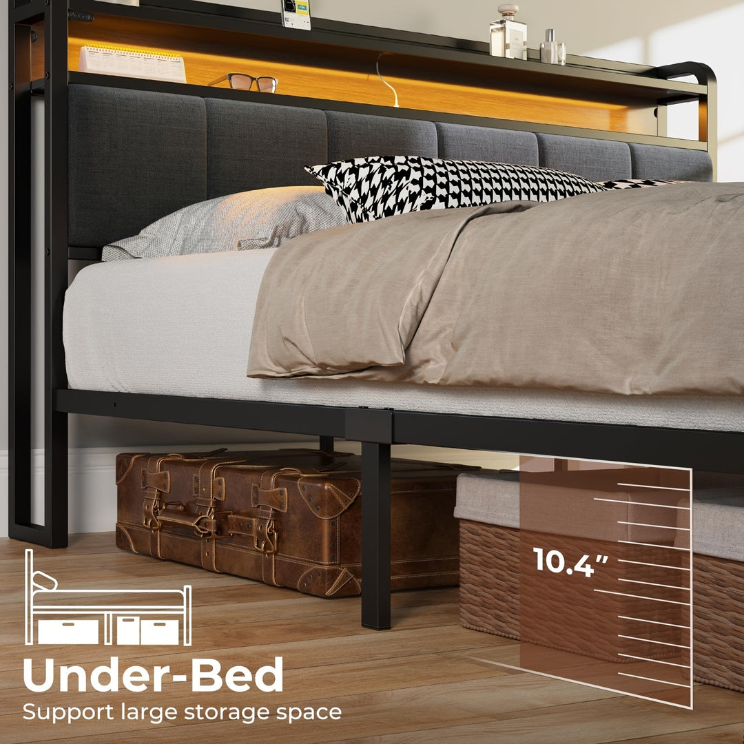 Twin/Full/King/Queen Size Bed Frame Avaliable, Bed Frame With Charging Station And Storage Headboard, Upholstered Bed With Heavy Duty Wood Slats, No Box Spring Needed, Noise Free, Easy Assembly