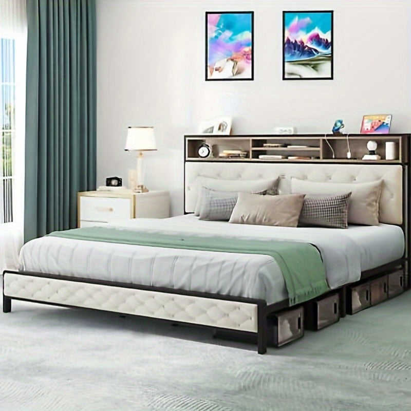 Balconera Elevated King Bed Frame with Built- In Charging, Noise- Reducing Platform Bed with Upholstered Storage Headboard and Footboard, Sturdy Metal Slats, No Box Spring Required (Beige)