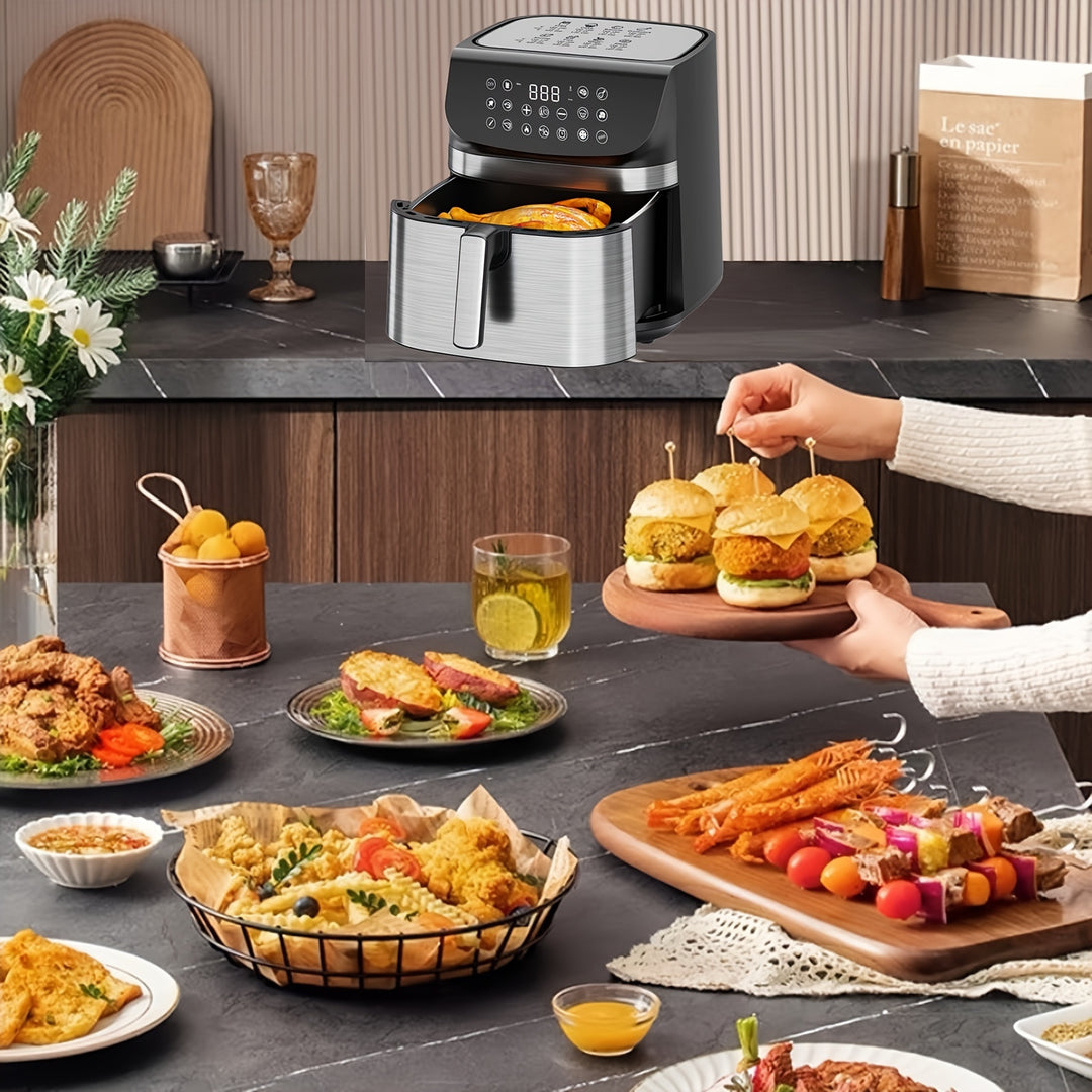 9QT oil-free air fryer oven, reducing 80% fat, can enjoy crispy and delicious food, suitable for Cao tiao, pizza, beef steak, etc., specially designed for 3-4 people in households, healthy and fast food, making fast and simpl
