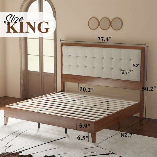 PaPaJet Wood Bed with Headboard Platform Bed Upholstered Tufted Headboard/Solid Wood Bed No Box Spring Needed