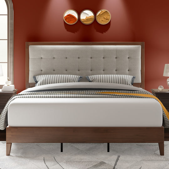 PaPaJet Wood Platform Bed with Headboard Upholstered Tufted Headboard/Solid Wood Bed No Box Spring Needed