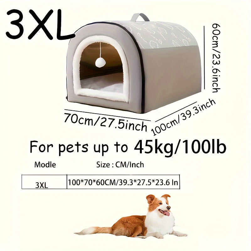 1pc 2-in-1 Polyester Removable Flannel Pet Bed with Hanging Ball, Detachable Rectangular Bedding for Small, Medium, Large Dogs, Indoor Cat Shelter with Handle