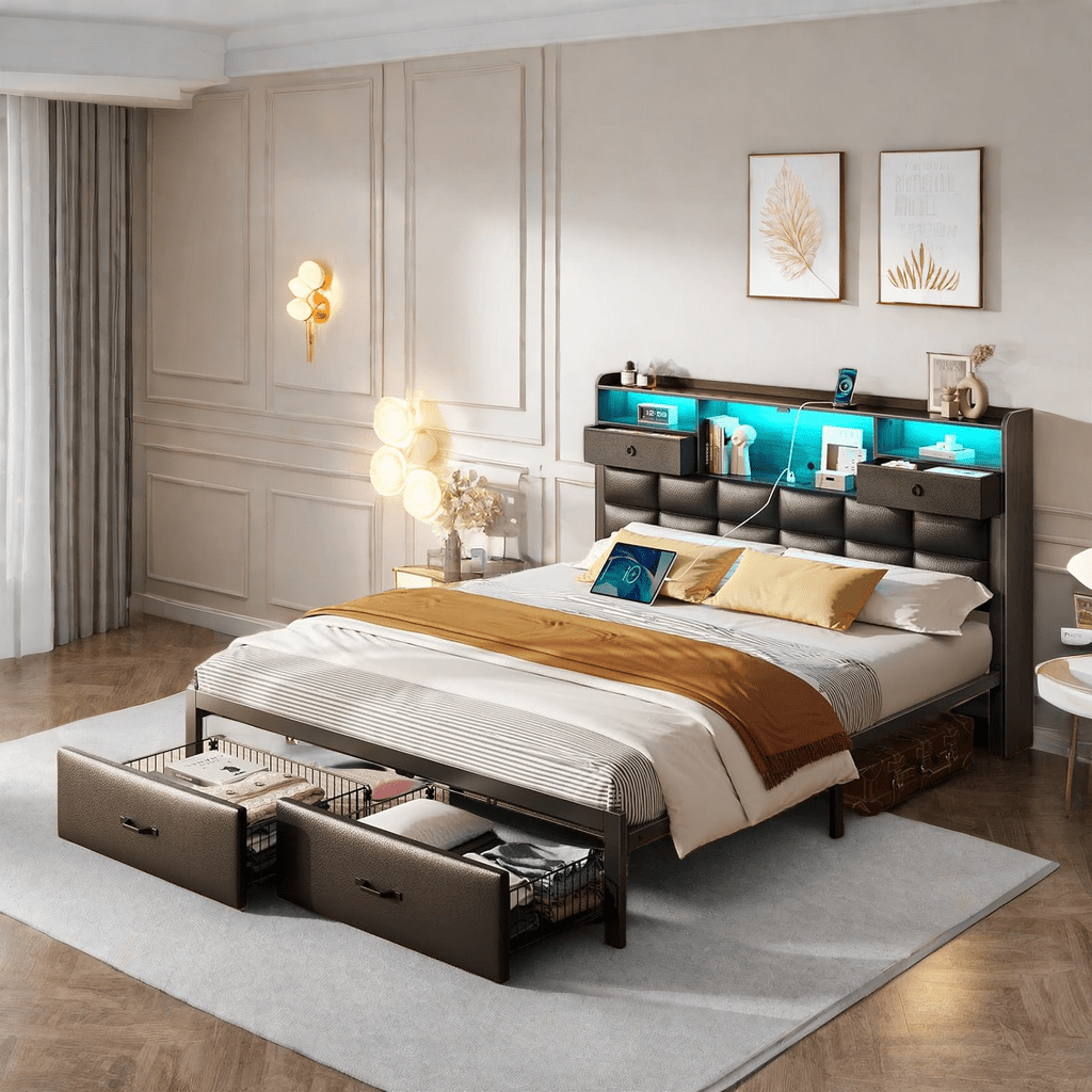 Bed Frame Full/Queen/King Size with Drawers and Charging Station, Upholstered Platform Bed with Storage Headboard and LED Light, Heavy Duty Metal Frame Support, No Box Spring Needed, Noise Free,