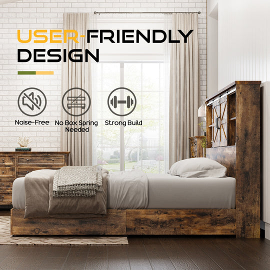 Farmhouse-Style Wooden Platform Bed Frame Boasting a 51.2" Bookcase Headboard, Integrated Storage with a Sliding Barn Door Charging Station and 2 Drawers - No Box Spring Required, Totally Noise-Free