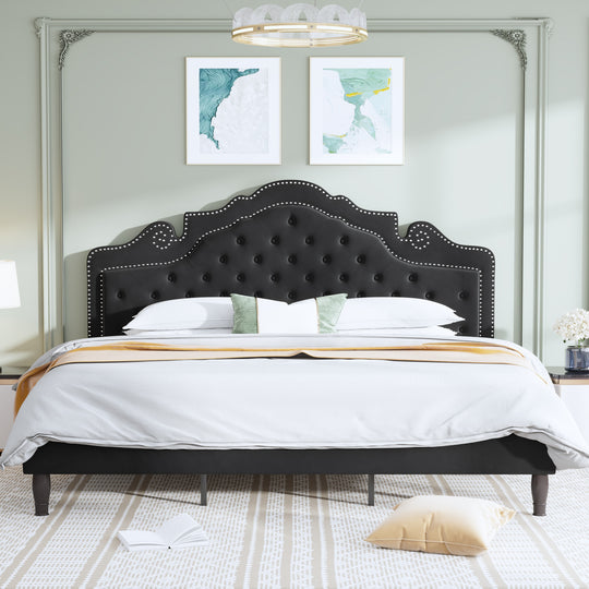 WEEWAY Upholstered Bed Frame, Adjustable Curved Headboard, High Resilience, Diamond Tufted