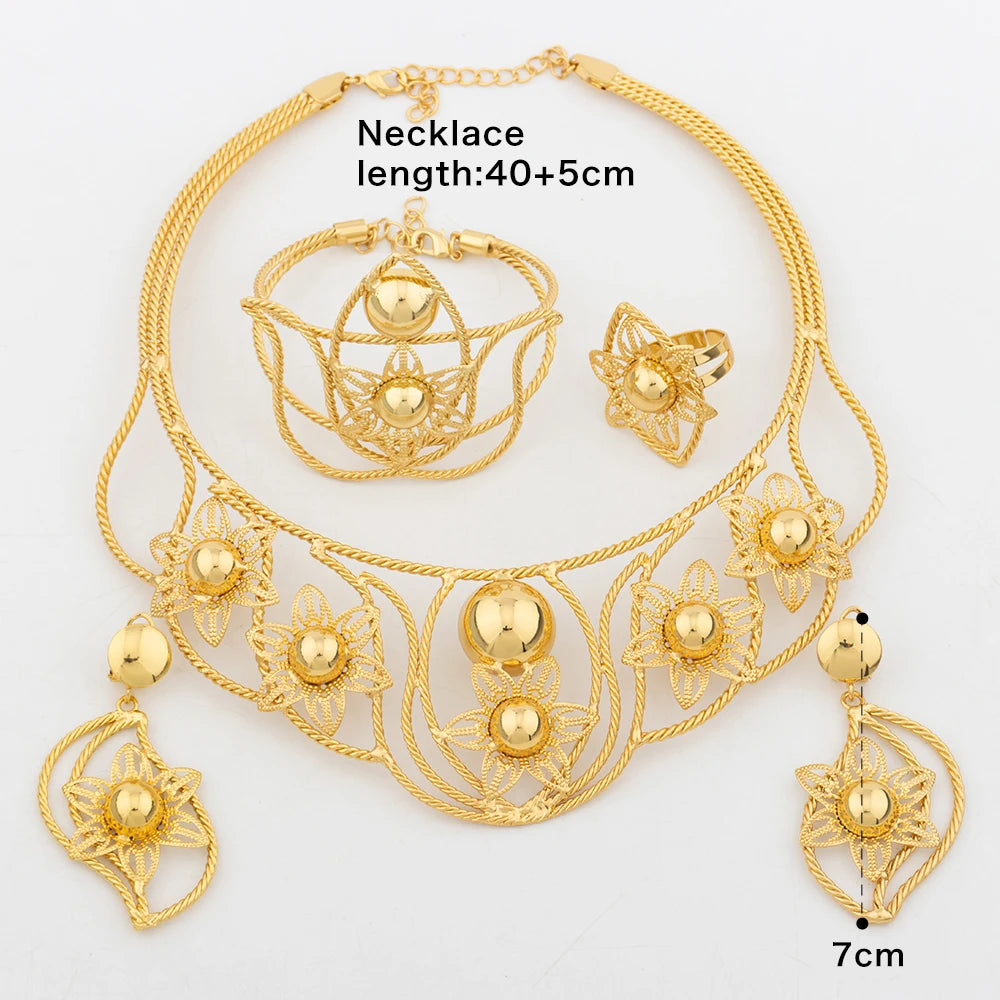 High Quality Big Collar New Dubai Gold Plated Jewelry Set for Women Large Luxury Earrings Necklace Bracelet Ring Wedding Jewelry