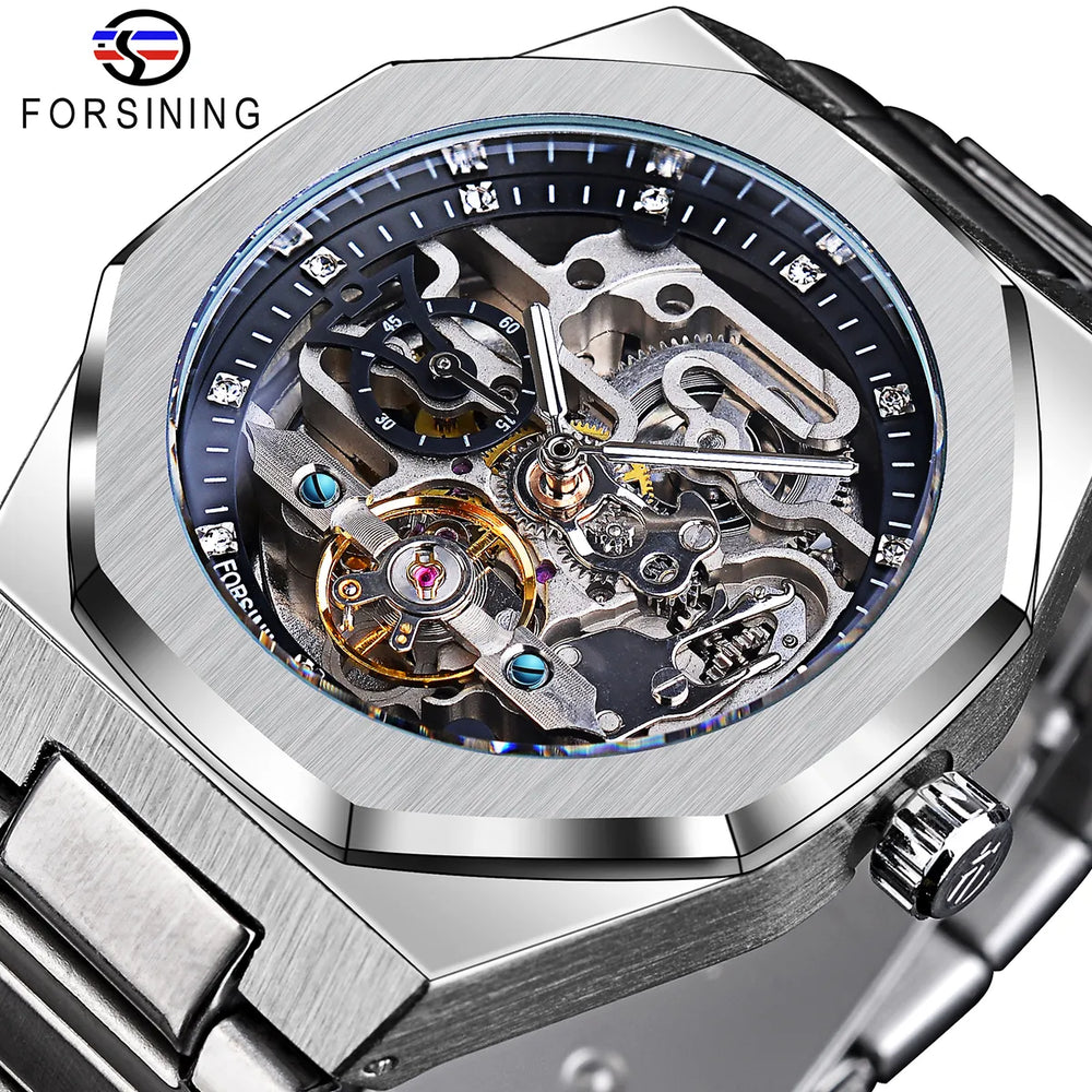 Forsining Casual Automatic Watch 3D Diamond Skeleton Hollow Mens Wrist watche Luminous Military Watch Tourbillon Montre Homme