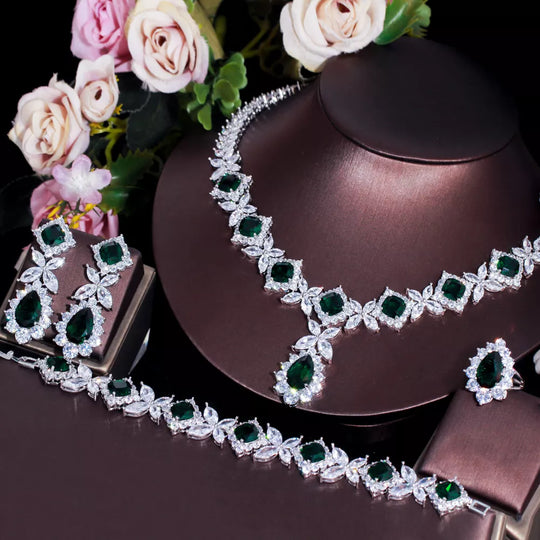 Luxury Big Green CZ Women Wedding Costume Jewelry Necklace 4 pcs African Dubai Bridal Party Jewelry Sets