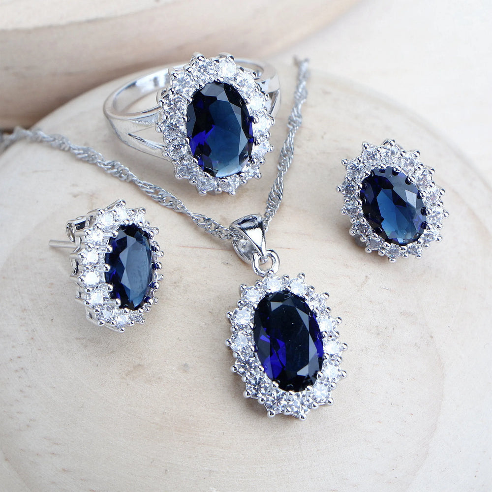 Silver Women Jewelry Sets, Blue Zirconia Costume Fine Jewelry, Wedding Necklace, Earrings, Rings Bracelets, Pendant Set