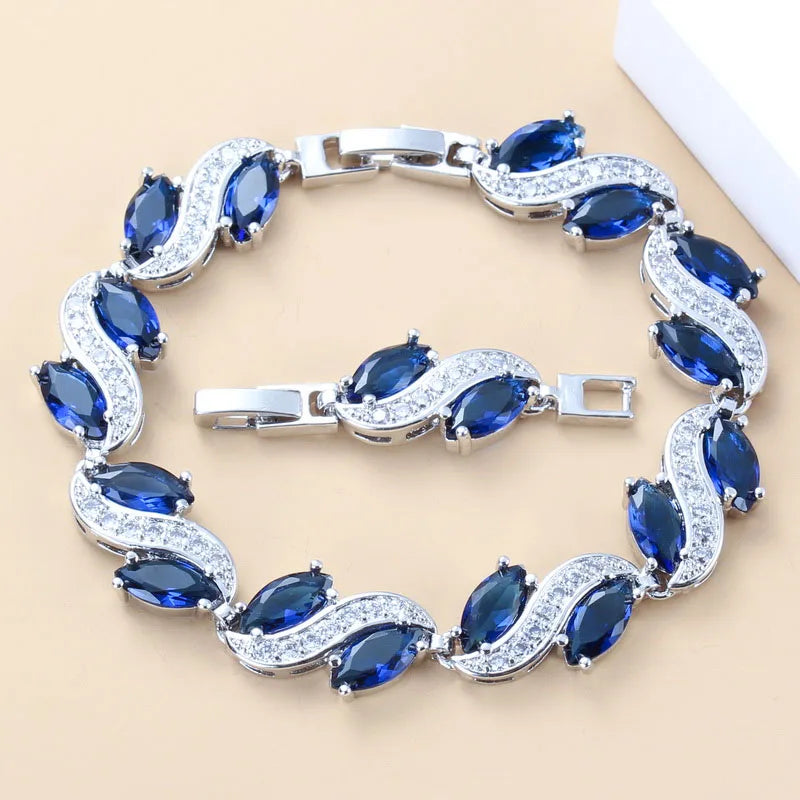 925 Mark Silver Color Necklasce And Earrings Jewelry Sets Zircon Blue Bracelet Ring Sets