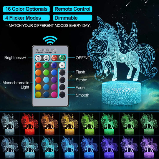 Unicorn 3D LED Night Light for Kids, 16 Color Changing Lamp with Remote, Perfect Gift