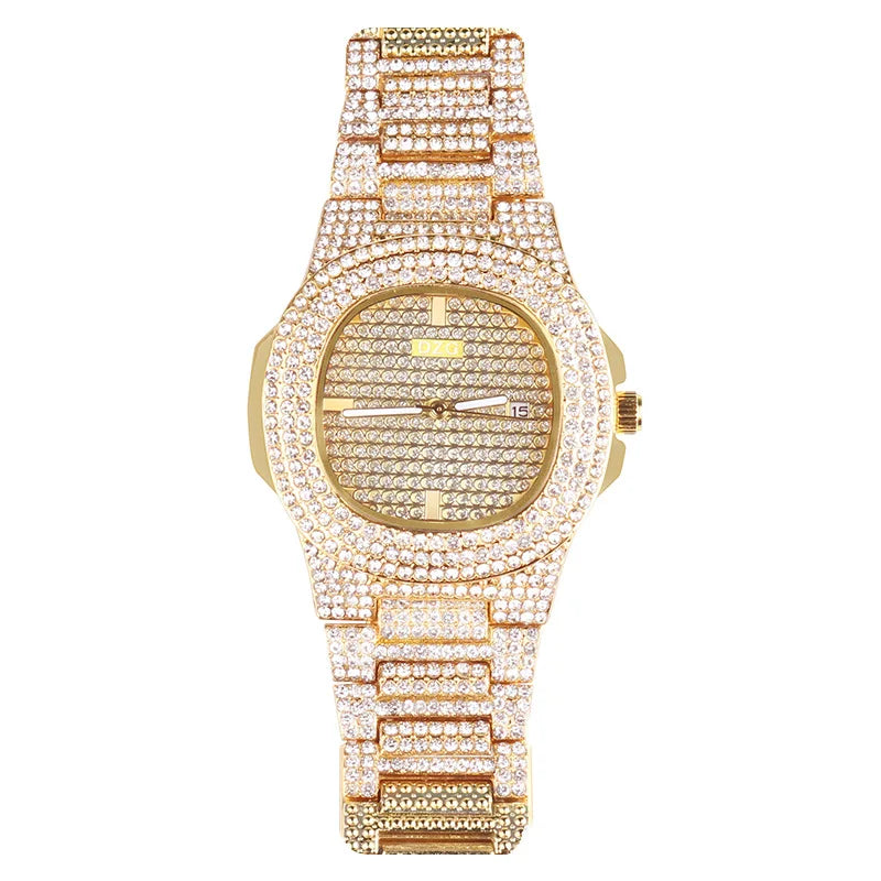 "2024 New Luxury Gold Stainless Steel Watches for Men and Women - Diamond-Embellished, Simple Design, with Calendar, Fashionable"