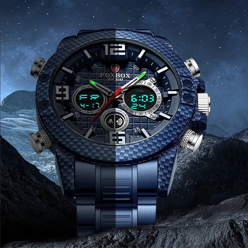 "LIGE Foxbox Men's Sports Watch - Top Luxury Brand, Carbon Fiber Case, Quartz Wristwatch, Military Waterproof, Digital Display"