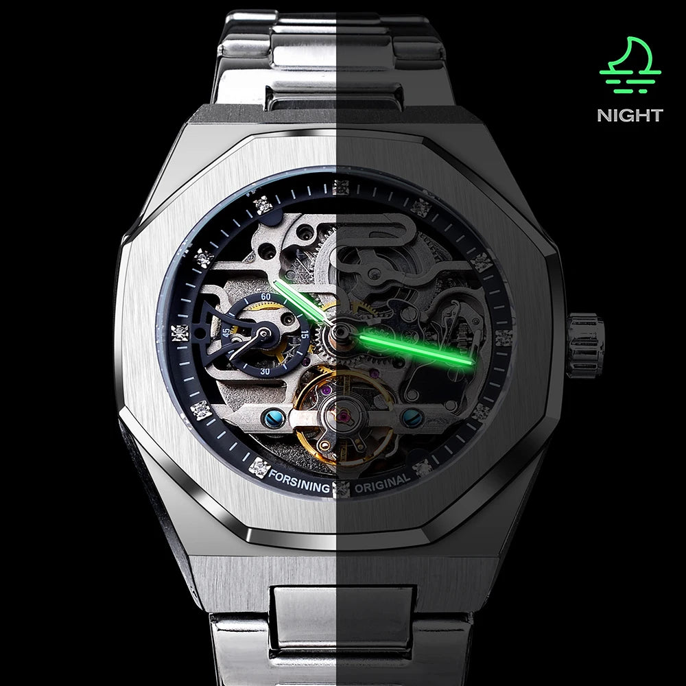 Forsining Casual Automatic Watch 3D Diamond Skeleton Hollow Mens Wrist watche Luminous Military Watch Tourbillon Montre Homme