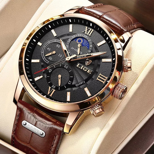 "2024 LIGE Men's Luxury Watch - Casual Quartz, Sport Waterproof, Leather Strap, with Gift Box"