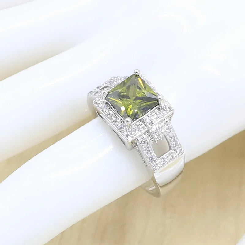 Olive Peridot Zircon Silver 925 Jewelry Set for Women Bracelet Long Earring Necklace Pendant Ring Birthday Gift