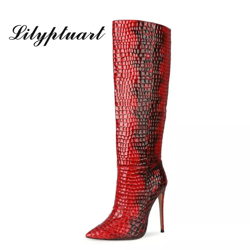 European and American Snake Skin pointed-toe stiletto boots leather long-tube women's boots