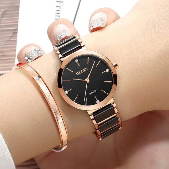 "OLEVS 5877 Women's Quartz Watch - Ceramics Watchstrap, Waterproof, Luxury Brand, Fashionable and Elegant Ladies Bracelet Design"