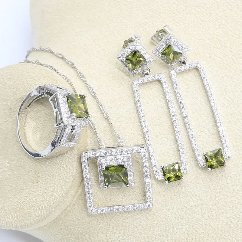 Olive Peridot Zircon Silver 925 Jewelry Set for Women Bracelet Long Earring Necklace Pendant Ring Birthday Gift