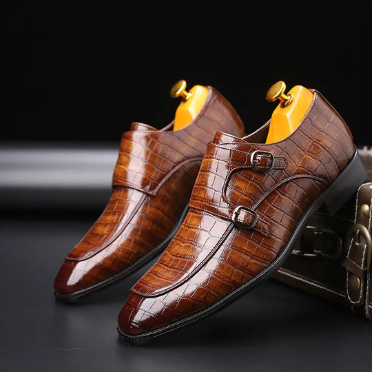 Men's Business Office Shoes with Crocodile Grain Leather, Double Buckle Casual Dress Shoes