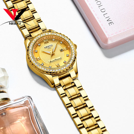 "NIBOSI Women's Watch - Top Brand Luxury, Gold, Stainless Steel Band, Classic Bracelet Style, Female Timepiece"