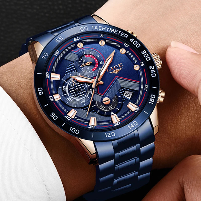 "2024 LIGE Men's Fashion Watch - Stainless Steel, Luxury Brand, Sport Chronograph Quartz, Elegant Design"