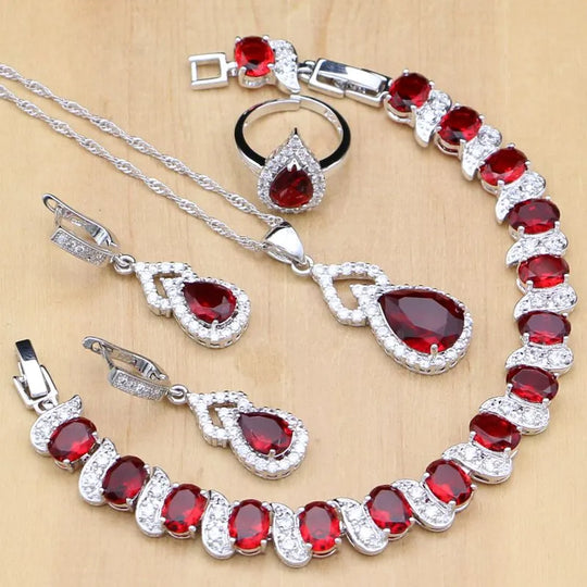 Water Drop 925 Sterling Silver Jewelry Red CZ Stone Jewelry Sets.