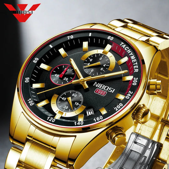 NIBOSI Gold tone Men's Watches Military Luxury Brand Watch Mens Quartz Stainless Clock Fashion Chronograph Watch Relogio Masculino