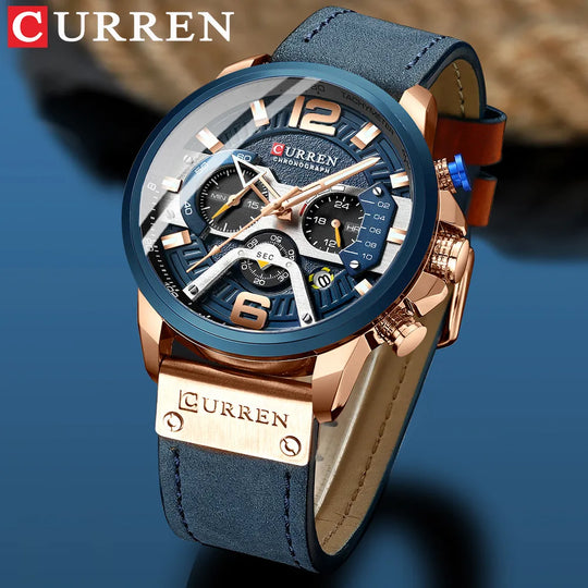 "CURREN Luxury Men's Watch - Fashionable Blue Leather, Chronograph Sport Design, Waterproof with Date Display"