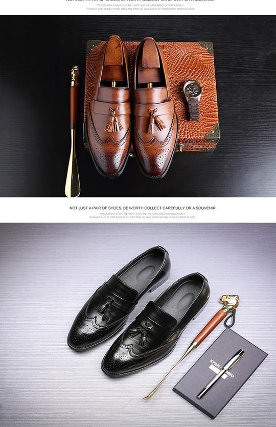 Big Size 37-48 Men Leather Loafers Brand Shoes Classic Tassel Brogue Mans Footwear Formal Shoes Casual Bullock Shoes 886