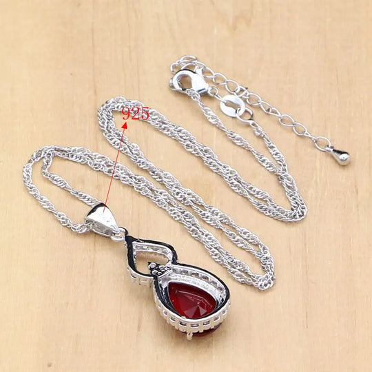 Water Drop 925 Sterling Silver Jewelry Red CZ Stone Jewelry Sets.